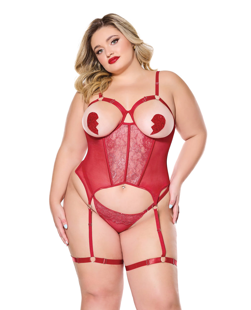 Metallic Stretch Scallop Lace and Mesh Bustier w/Thong - Red 1X/2X