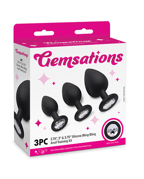 Gemsations 3 pc 2.75" & 3.15" & 3.7" Silicone Bling Bling Butt Plug Training Set - Black