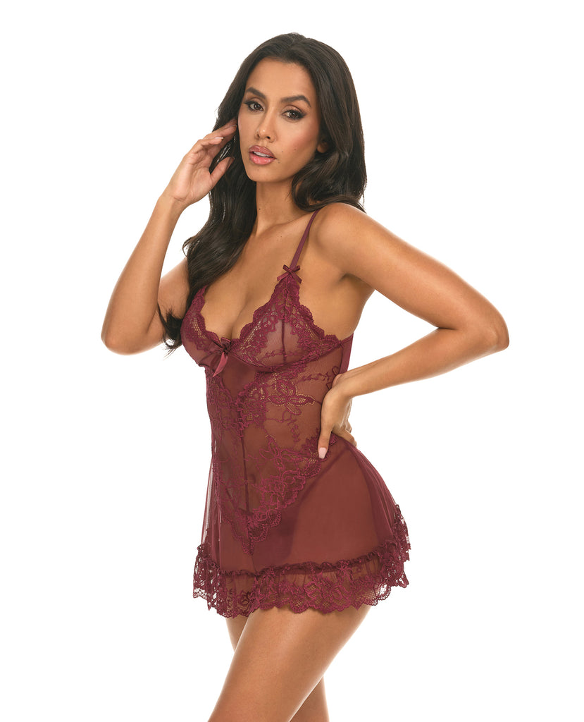 Valentine Lacey Babydoll w/G-String - Zinfandel