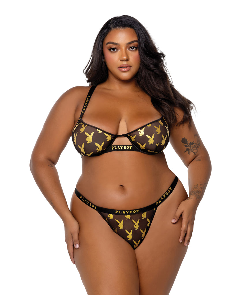 Playboy Gold Foil Mesh & Satin Bralette w/Thong 2 pc Set - Black/Gold