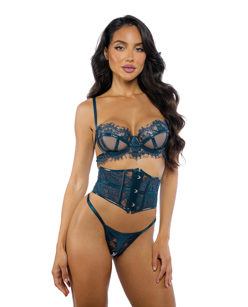 Eden Scalloped Eyelash Lace & Wet Look Waspie 3 pc Set - Teal