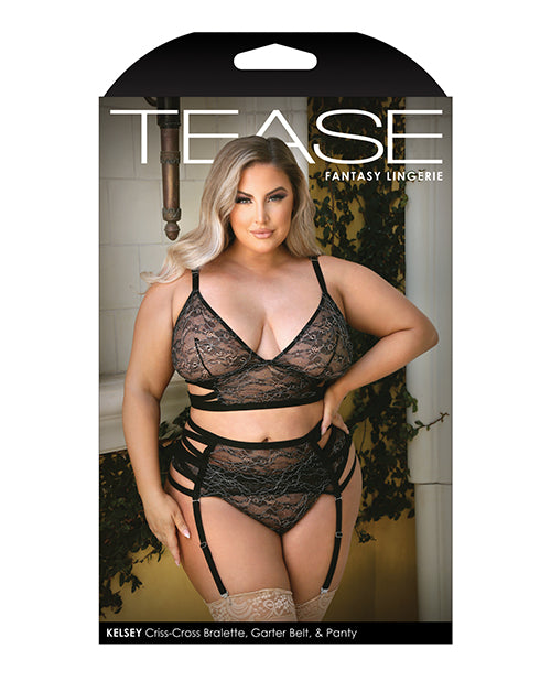 Tease Kelsey Criss Cross Metallic Lace Bralette, Garterbelt & Panty Black - Casual Toys